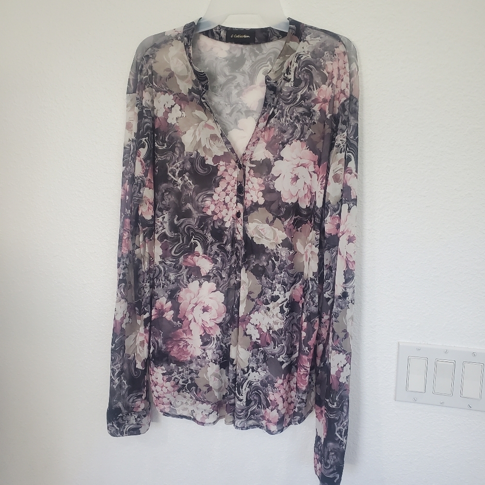 Floral Sheer Blouse‎ Long Sleeve- Pink and Gray For Woman Size 1xl